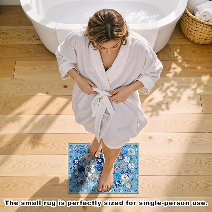 Area Rugs 24x17 Inch Home Decor Entry Rug, Small Door Mat Bath Mats for Bathroom, Ultra-Thin Non Slip Floral Low Pile Tub Mat for Sink Shower Doorway Tub Kitchen Sink(2 x 1.4 ft, Blue Garden)