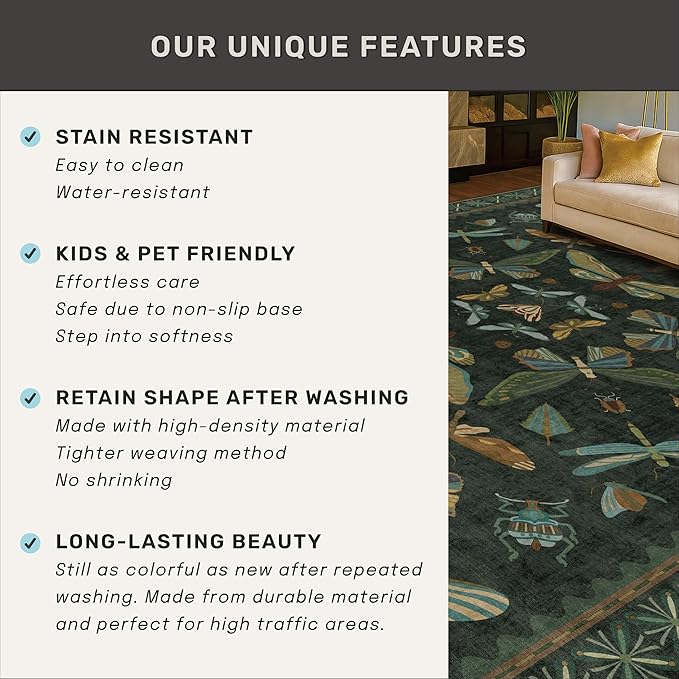 Hazo Haus Forest Green Rugs for Living Room - 9x12 Big Rugs for Bedroom, Dining Room, Guest Room, Insect Moth Décor, Non Slip Low Pile