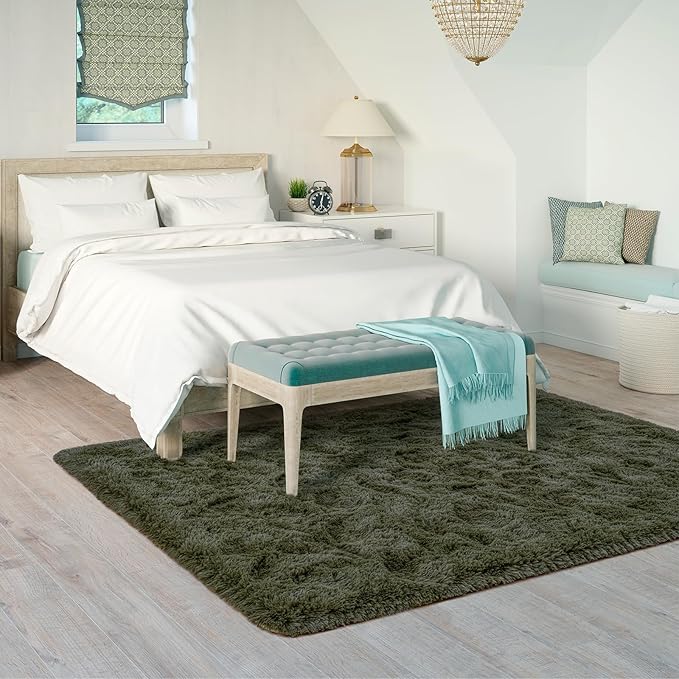 Goideal Fluffy Rug for Bedroom Living Room, 4x6 Olive Green Area Rugs, Faux Fur Shag Modern Carpet Ultra Soft Girls Boys Room Home Decor, Solid