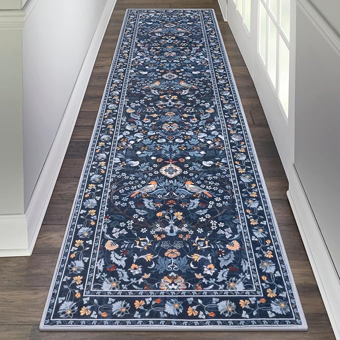 HEBE Washable Hallway Runner Rug 2'x 8' Non Slip Kitchen Rugs Runner,Low Pile Entryway Rug Laundry Room Mat Floral Carpet Runners for Hallways, Kitchen,Bathroom,Laundry,Bedside Rug