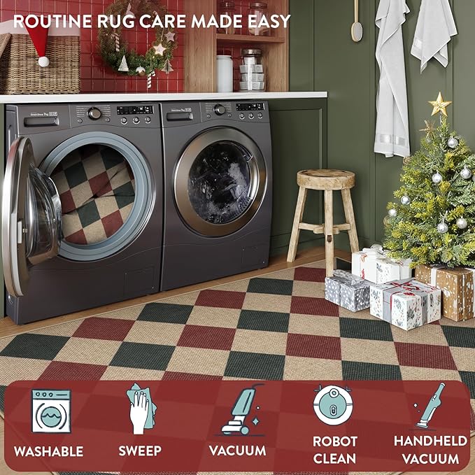 Lahome Christmas Rug, 5x7 Christmas Decor Rugs for Living Dining Room Non Shedding Washable Carpet, Checkered Red and Green Non Slip Stain Resistant Indoor Carpet for Patio Office Xmas Holiday Decor
