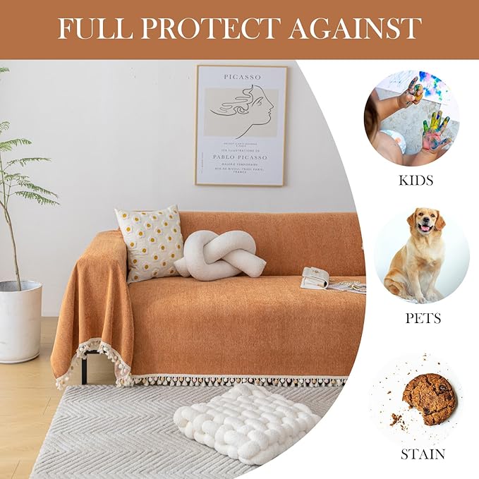 HANDONTIME Dark Orange Sofa Covers Couch Cover for Dogs Colorful Tassel Lovetseat Cover Pet Couch Cover Bohemian Sofa Cover for Couch Vintage Boho Couch Covers Futon Cover Pet-Friendly, 91" X134"