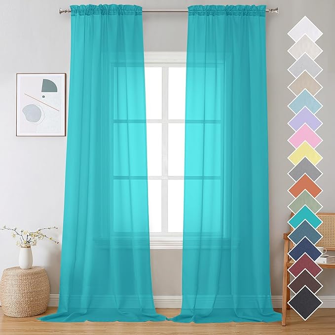 OVZME 2 Panels Sheer Curtains 108 Inches Long, Light Filtering Semi Transparent Lightweight Voile Rod Pocket Window Curtains for for Yard, Patio, Villa, Parlor, W42 x L108, Turquoise