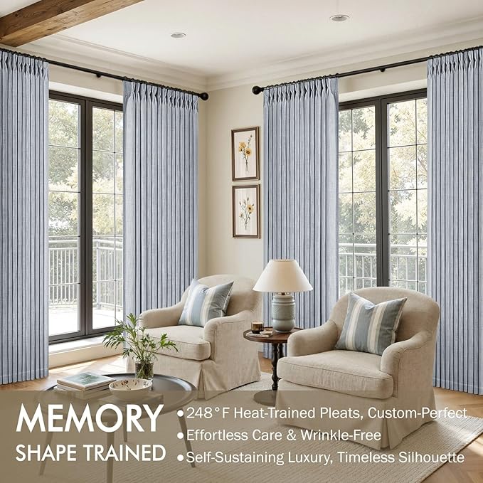 MIULEE Pinch Pleated Thick Linen Curtains 90 Inches Long 2 Panels for Living Room Bedroom, Linen Textured Memory Trained Pleat Drapes Back Tab Light Filtering Light Blue Window Curtains with Hooks