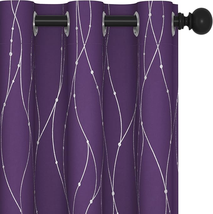 Deconovo Short Purple Curtains, Blackout Drapes with Wave Line Silver Print, 38 x 45 Inches Long, Thermal Insulated Panel, Grommet Top, Machine Washable, Set of 2 Panels for Kitchen Nursery Bedroom