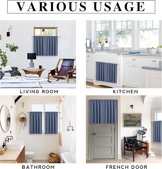 RYB HOME Blackout Curtains for Bedroom Living Room 63 inches Long, Thermal Insulated Privacy Rod Pocket Drapes for Nursery Office Home Theater, Width 34 by Length 63, Stone Blue, 2 Panels