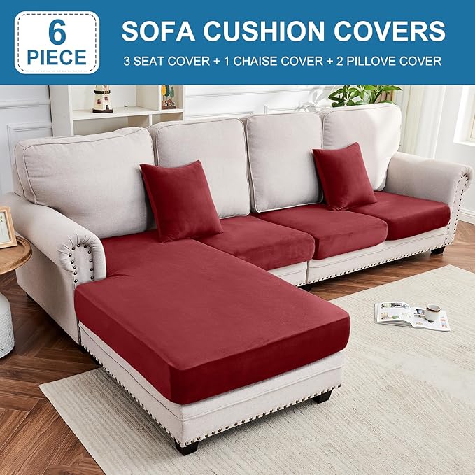 Couch Cover 4-Piece Elastic Velvet Couch Cushion Covers & Chaise Slipcovers for L-Shaped Sofas, Sofa Seat Covers Washable, Soft Cover for Couches (3 Seater + Chaise, Christmas Red)