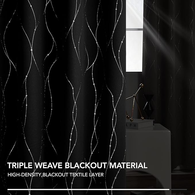 Deconovo Black Blackout Curtains, Thermal Insulated Noise‑Reduced Grommet Drapes, Wave Line Dot Foil Print, 52 x 95 Inch Long, 2 Panels, Machine‑Washable Window Curtains for Bedroom Living Room Office