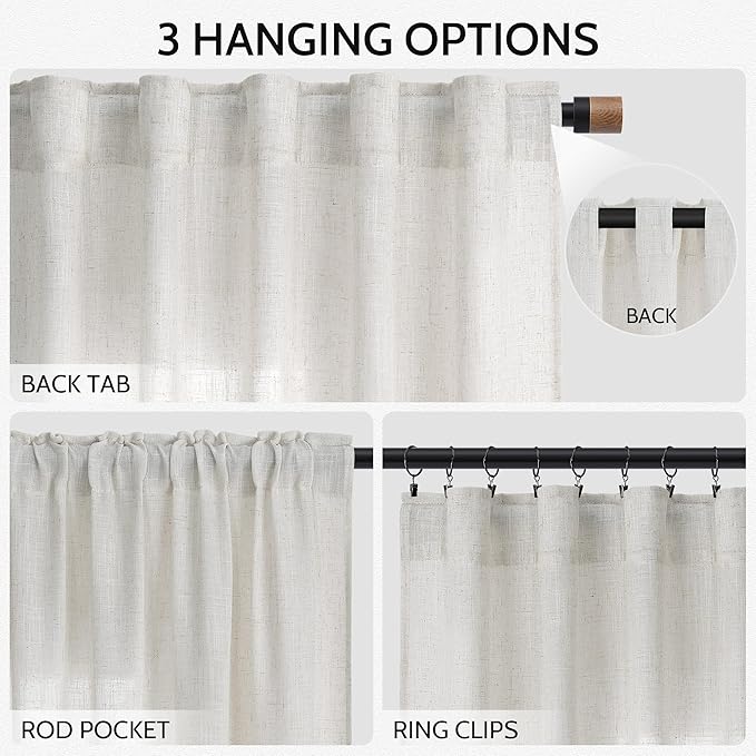 Nanspring Natural Linen Curtains for Living Room 144 Inches Long Back Tab Light Filtering Semi Sheer Curtain Rustic Farmhouse Decor Long Floor to Ceiling High Window for Bedroom 52x144, 2 Panels