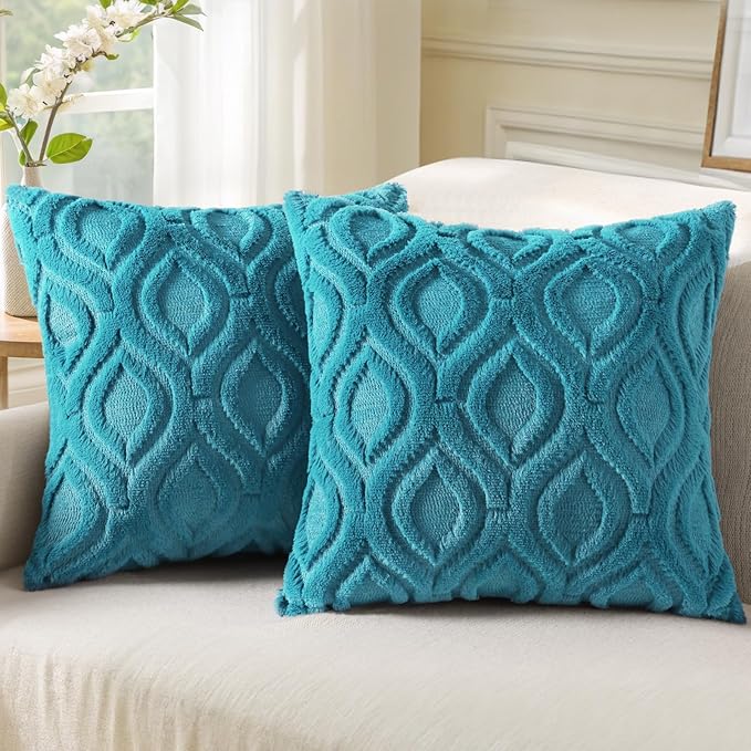 decorUhome Summer Throw Pillow Covers 22x22 Inch Set of 2, Soft Plush Faux Wool Teal Solid Couch Pillow Covers, Accent Euro Sham Farmhouse Neutral Square Pillow Cases for Sofa Bed Living Room