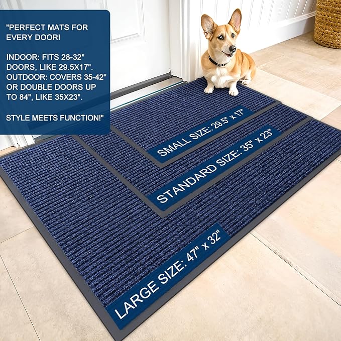 OLANLY Front Door Mat Indoor Outdoor Entrance, 2-Pack 47 x 32 Inch, Waterproof Heavy Duty Doormat, Fade Resistant, Low Profile, Easy Clean Patio Porch Welcome Floor Mats for Entry, Blue