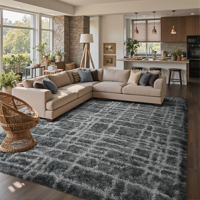 9x12 Ft Extra Large Shag Rugs for Living Room, Ultra Soft Fluffy Furry Area Rugs for Bedroom Indoor Floor, Aesthetic Carpet for Kids Home Decor (Grey)