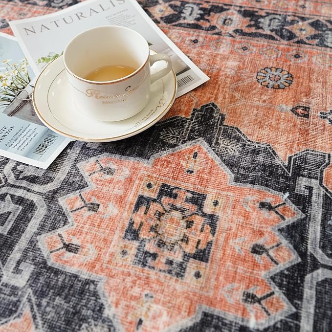 Hallway Washable Runner Rug - 2'6x14 Kitchen Rugs Entryway Rug Runner Vintage Soft Floor Mat Non Slip Indoor Farmhouse Carpet for Bathroom Living Room Bedroom (2'6''x14', Orange)