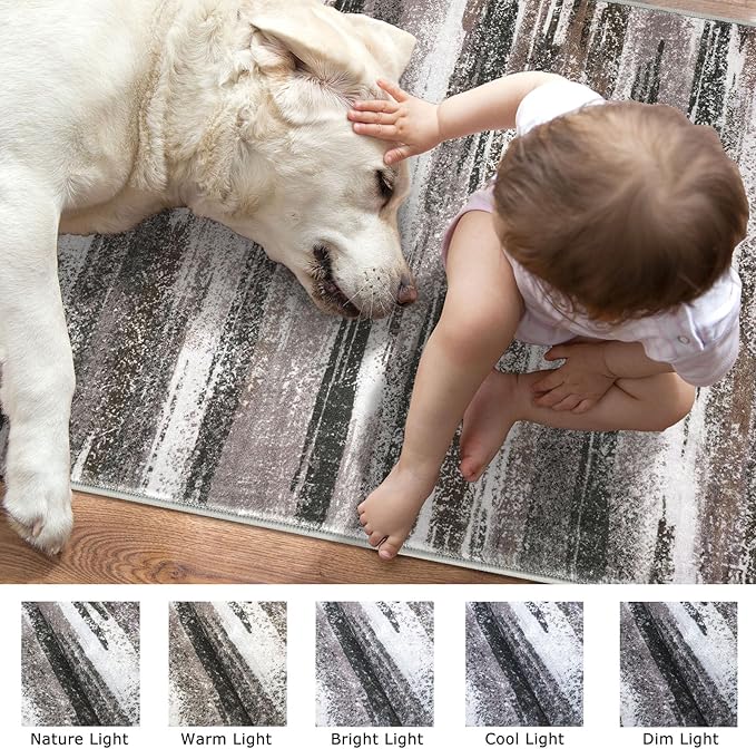 Lansny Modern Abstract 5x7 Machine Washable Area Rug Non-Slip Soft Bedroom Living Romm Rug Dark Light Brown White Ultra Thin Print Faux Wool Floor Carpet Throw Rugs for Dining Room Indoor Office