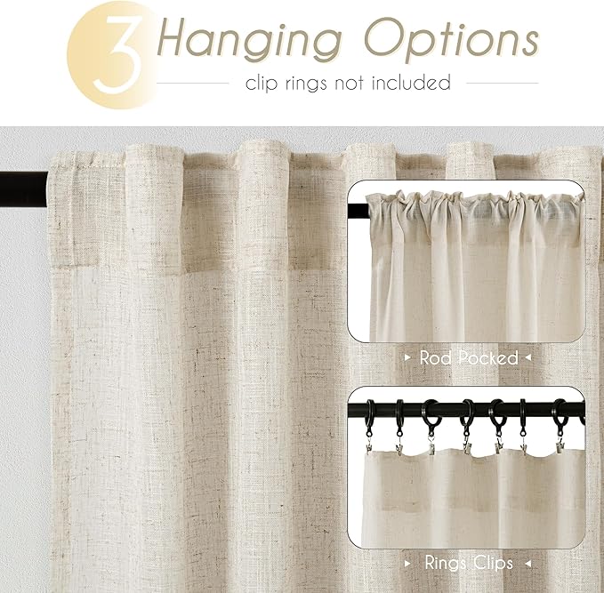 Faux Linen Beige Curtains 144 inches Long for Living Room Rustic Farmhouse Linen Drapes Semi Sheer Burlap Textured Canvas Cloth Curtain Panels Set of 2 Kahki Tan Colored