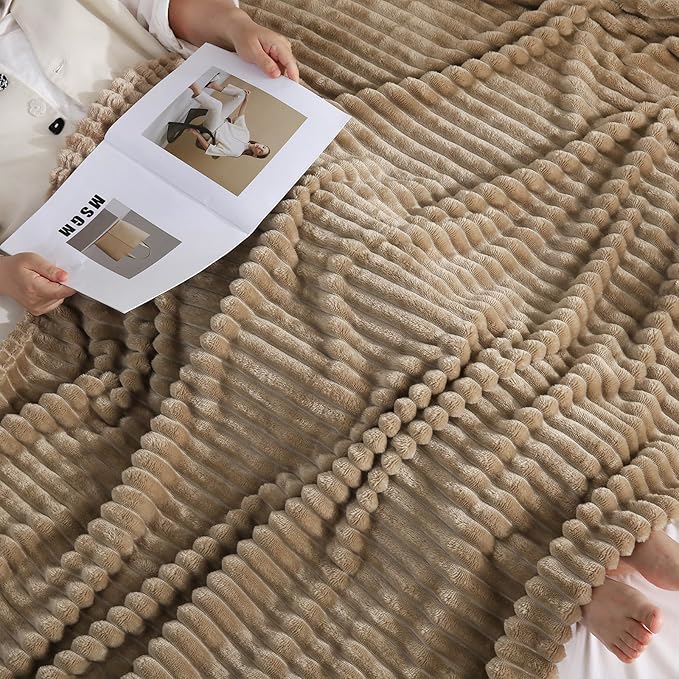 Tan Fleece Throw Blanket 108”×90” for Couch Sofa Bed,Super Soft Cozy Plush Microfiber Flannel Blanket with Stripes Design Lightweight for Adults,Woman,Girls