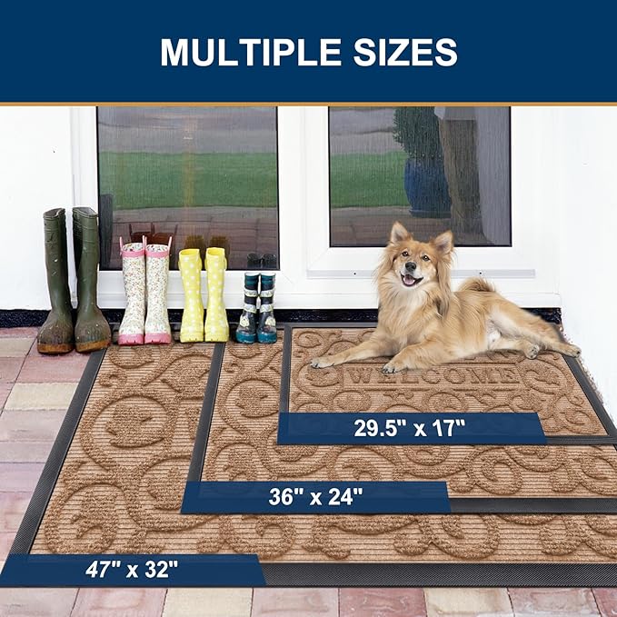Smiry Welcome Door Mat Outside Entrance, Heavy Duty Trap Dirt and Moisture Easy Clean Low Profile Patio Porch Indoor Outdoor Front Doormat for Entry, 35x23 Inch, Coffee