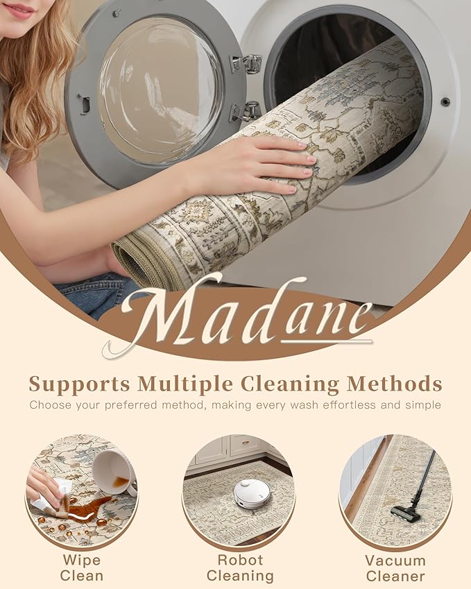 Madane Kitchen Runner Rug - 2x7 Runner Rugs with Rubber Backing Non Slip Vintage Washable Rug Runner Ultra-Thin Throw Carpet Runners for Hallways Bedroom Laundry Room (2'x7', Beige/Blue)