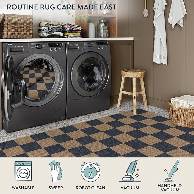 Lahome Colette Checkered Easy Jute Indoor Outdoor Carpet, 3x5 Washable Rugs for Entryway Living Room Farmhouse Area Rug, Non Slip Blue Checkerboard Indoor Door Mat for Entry Patio Deck