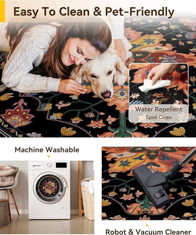 Area Rugs 7ft Washable Non-Slip, Floral Vintage Distress Print Pattern Medallion Carpet for Living Room Bedroom Dining Room, Black Colorful Floral Dark Tan