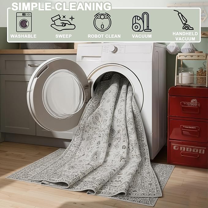 Washable Area Rug 8x10 Gray, Large Soft Rugs for Living Room Floral Grey White Carpet 8x10 Area Rugs for Bedroom Dining Room Non-Slip Stain Resistant Under Table Rug (8 x 10, Grey White)