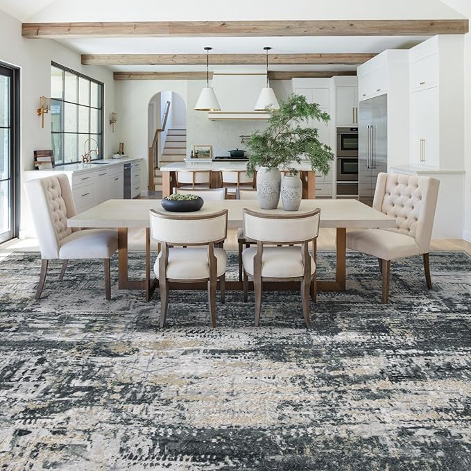 XLUEZ 9x12 Area Rug for Living Room, Washable Modern Abstract Large Area Rug Neutral Soft Non Slip Kids Rug Stain Resistant Indoor Carpet for Bedroom Dining Room Playroom Office(BlackGreyGold, 9'x12')