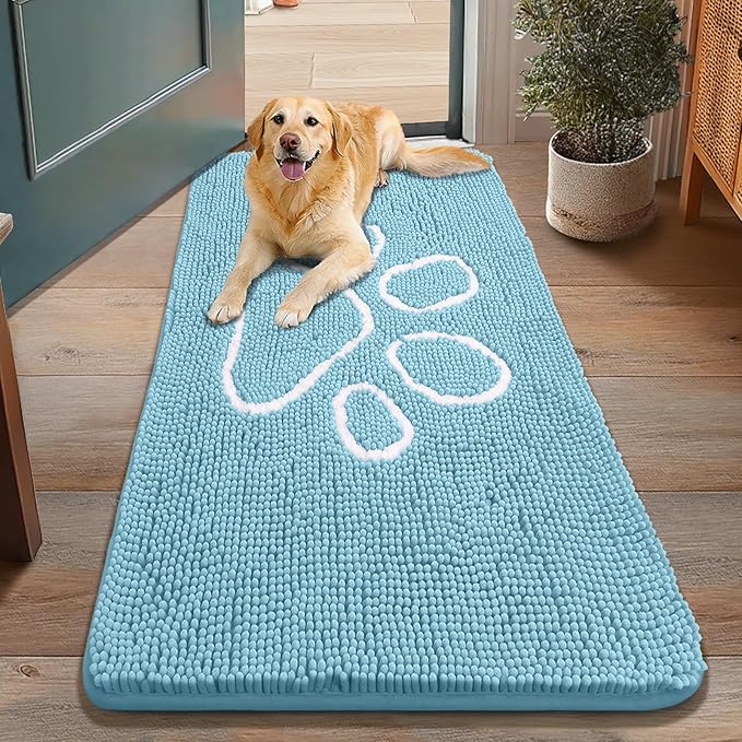 Smiry Dog Door Mat for Muddy Paws, Absorbent Dirt Trapper Non Slip Quick Dry Washable Chenille Mat for Mud Dogs, Entry Rug for Indoor and Outdoor (48x30 Inches, Sky Blue and White)