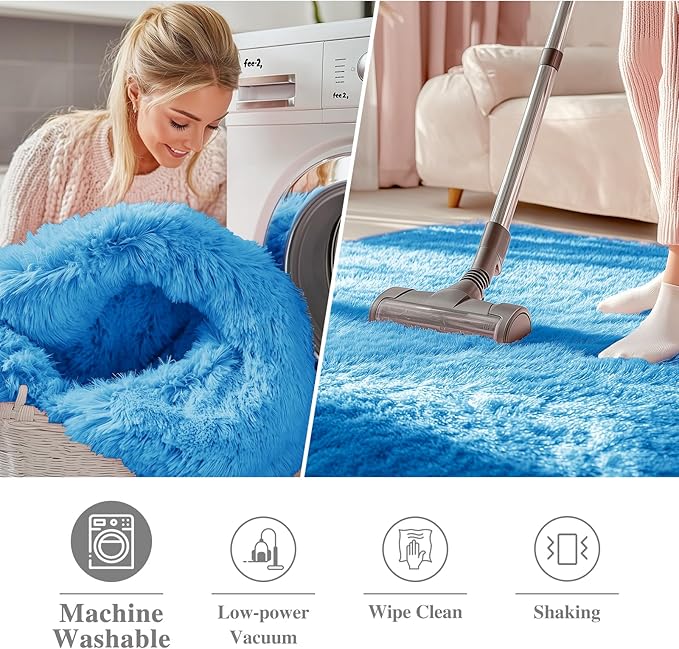 OLANLY Bright Blue Round Rugs for Bedroom - Machine Washable, 3 ft Circle Area Rugs for Living Room, Soft and Fluffy Shaggy Carpet for Teen Girl and Boys, Nursery Rooms, Dorms, Home Decor Aesthetic