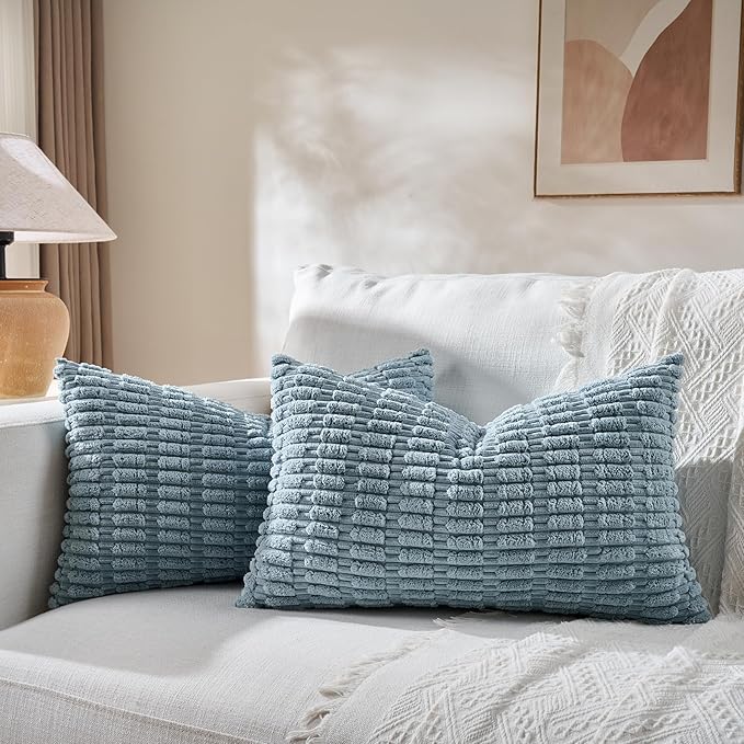 Fancy Homi 4 Packs Boho Light Blue Decorative Throw Pillow Covers 12x20 Inch for Couch Bed Sofa, Rustic Modern Farmhouse Home Decor, Soft Plush Corduroy Cute Rectangle Cushion Case 30x50 cm