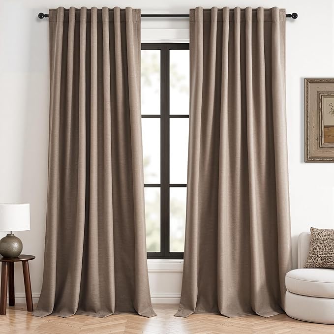 102 inch long blackout curtains 2 Panels 100% Black out Linen texture Curtain elegant Taupe Farmhouse Drapes with Back Tab Rod Pocket Light Blocking Thermal Insulated Panel for Bedroom Living Room