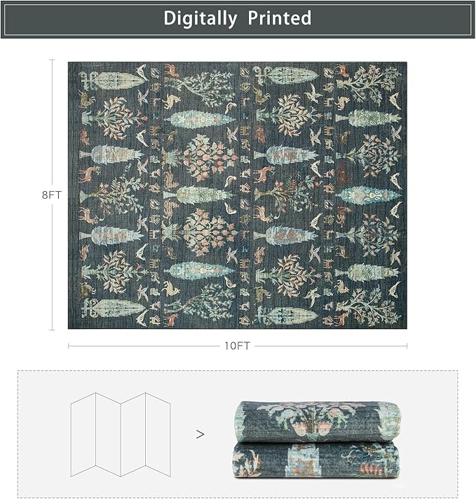 Washable Rugs 8x10 Area Rugs for Living Room,Bedroom,Dining Room- Large Ultra Soft Faux Wool Retro Carpet,Non Slip&Non-Shedding Low Pile Vintage Print Rug for Home Office Dorm-Dark Green