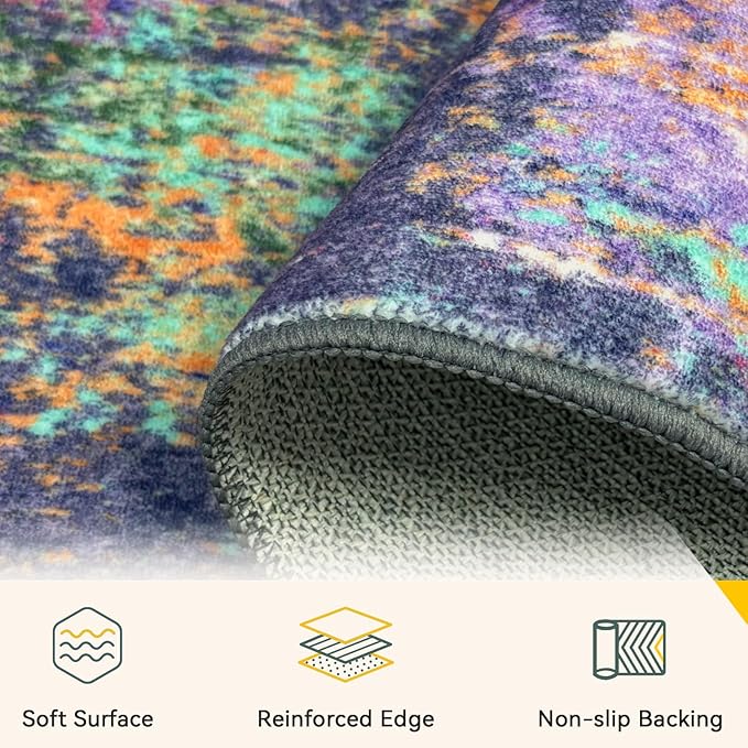 Washable Area Rugs 7'x9' Non-Slip Modern Abstract Soft for Living Room Entryway Bedroom Nursery, Print Pattern, Purple Orange Blue Green Rust Red Colorful