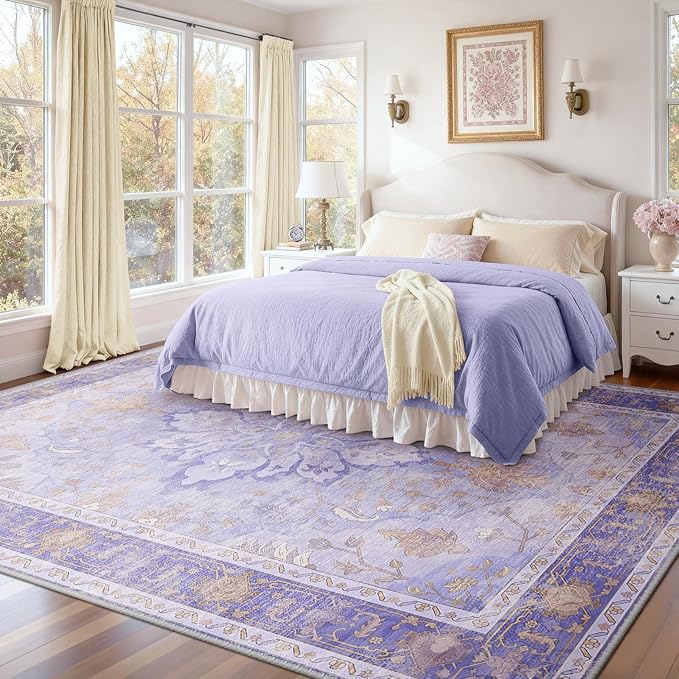 RELEANY Area Rugs 9'x12' Washable Non-Slip, Floral Vintage Distress Print Pattern Medallion Carpet for Living Room Bedroom Dining Room, Light Purple Brown