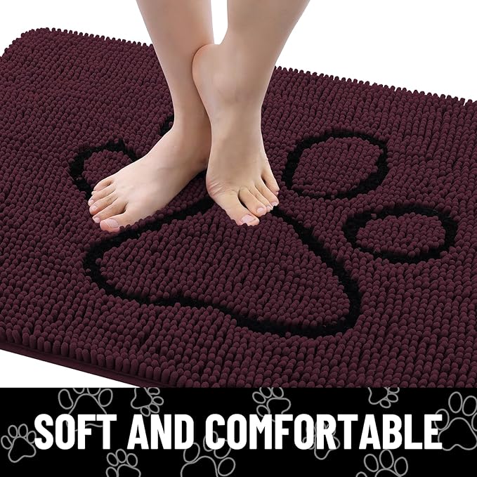 Smiry Dog Door Mat for Muddy Paws, Absorbent Dirt Trapper Non Slip Quick Dry Washable Chenille Mat for Mud Dogs, Entry Rug for Indoor and Outdoor (36x24 Inches, Russet and Black)