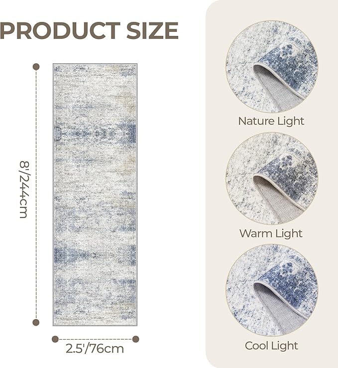 Kitchen Runner Rug Non Slip - 2.5 x 8 Runners for Hallways, Entryway, Bedroom, Washable Runner Rugs for Bathroom, Laundry Room, Low Pile Soft Vintage Area Rug(2.5'x8', Blue/Brown/Ivory)