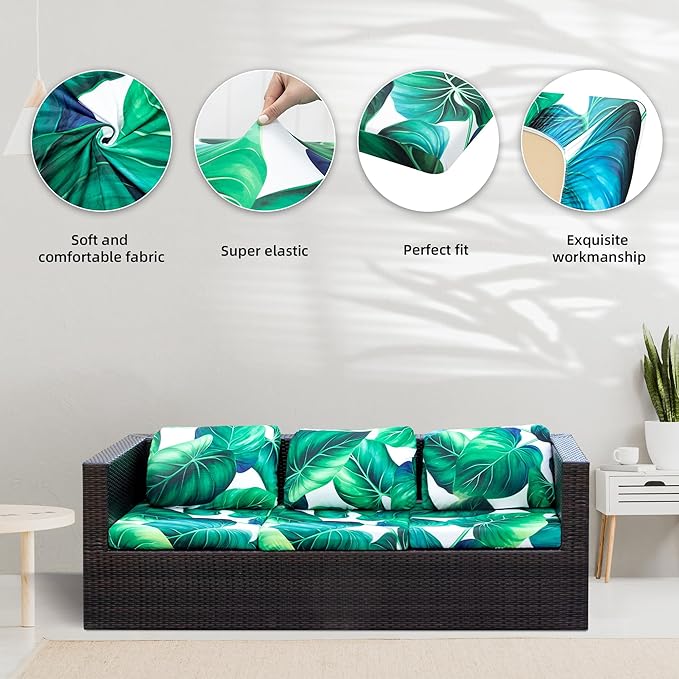 8 Pcs Stretch Patio Cushion Covers,Outdoor Couch Covers Replacement,Outdoor Couch & Sofa Slipcovers,for Patio Furniture Cushion Covers,Washable Reusable Furniture Protector (Green Leaf, Cover Only)