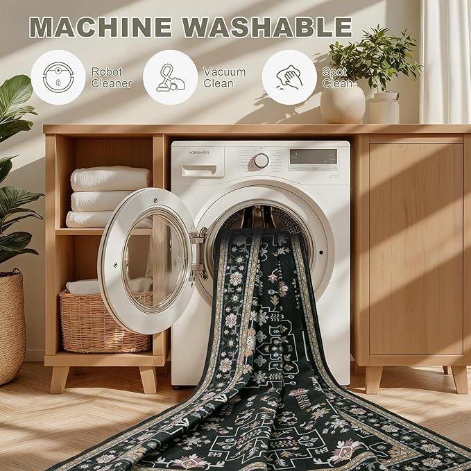 3x5 Area Rugs Living Room Rug: Washable Vintage Boho Medallion Rug No Slip Stain Resistant Soft Carpet Indoor Floor Large Carpets for Bedroom Dining Room Farmhouse Nursery Hallway Home Office Black