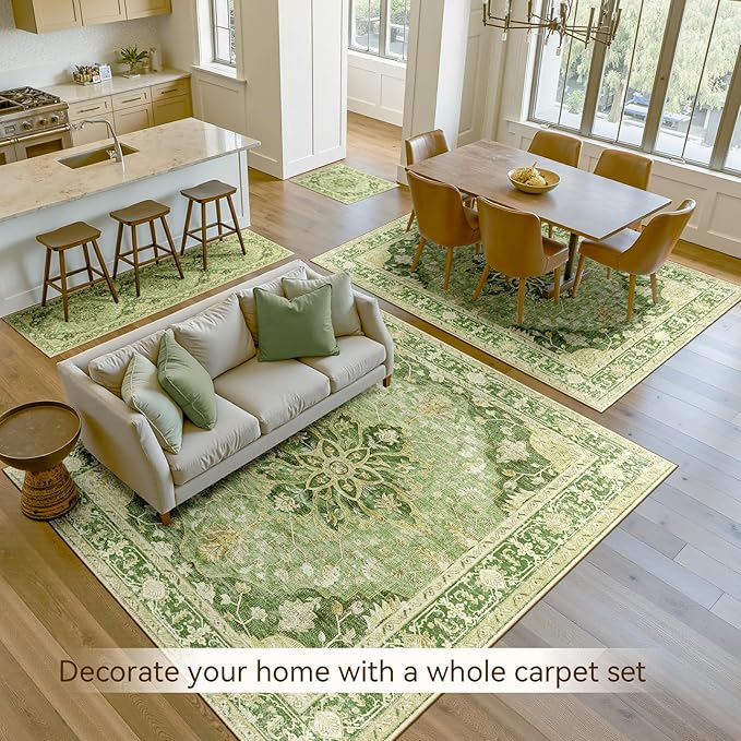 RELEANY Area Rugs 9'x12' Washable Non-Slip, Floral Vintage Distress Print Pattern Medallion Carpet for Living Room Bedroom Dining Room, Sage Green Yellow