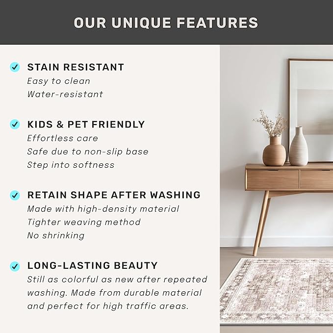 Hazo Haus Washable Neutral Farmhouse Bedroom Rug, 5x7 Area Rugs for Living Room, Nursery Room, Boho Vintage Floral Non-Slip Rug Low Pile Stain Resistant (5x7 Beige/Latte)