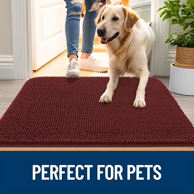 OLANLY Dog Door Mat for Muddy Paws 45x27, Absorbs Moisture and Dirt, Absorbent Non-Slip Washable Doormat, Quick Dry Chenille Mud Mat, Entry Indoor Entryway Carpet for Inside Floor, Caramel Russet