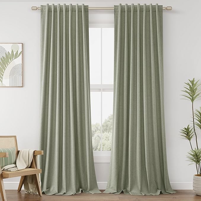 Sage Green 100% Blackout Linen Curtains 120 Inch Length 2 Panels Set for Living Room Bedroom Back Tab Thermal Insulated Black Out Drapes Room Darkening Farmhouse Style for Bedroom Window Curtains
