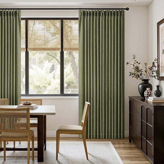 MIULEE Olive Green Pinch Pleated Linen Curtains 96 Inches Long 2 Panels for Living Room Bedroom, Linen Texture Memory Trained Drapes Back Tab Semi Sheer Moss Green Window Curtains with Hooks&Rings