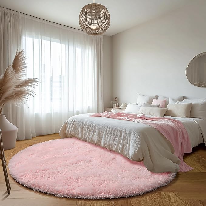 ONASAR Light Pink Round Area Rugs 5ft for Bedroom Living Room, Fluffy Circle Rug for Kids Girls Boys Teen, Soft Plush Shaggy Carpet for Nursery Dorm Classroom Playroom Home Decor Aesthetic
