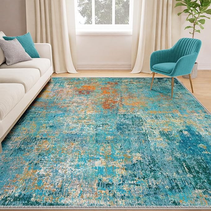 Washable Area Rugs 7'x9' Non-Slip Modern Abstract Soft for Living Room Entryway Bedroom Nursery, Print Pattern, Teal Blue Green Orange Rust Red Coloreful