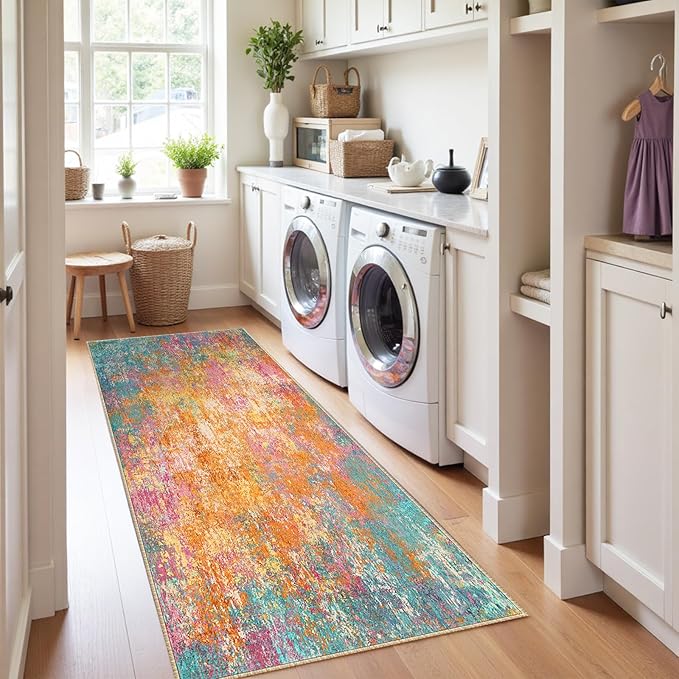 Washable Area Rugs 2'x10' Non-Slip Modern Abstract Soft for Living Room Entryway Bedroom Nursery, Print Pattern, Orange Blue Pink Yellow Colorful