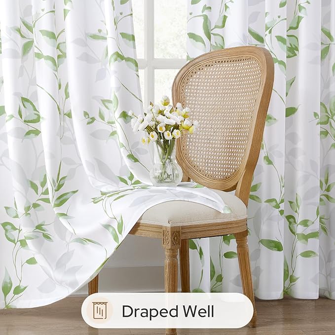 HOMEIDEAS Non-See-Through Sage Green and White Privacy Sheer Curtains 52 X 63 Inch Length 2 Panels, Leaf Floral Printed Light Filtering Semi Sheer Window Curtains Drapes for Bedroom Living Room