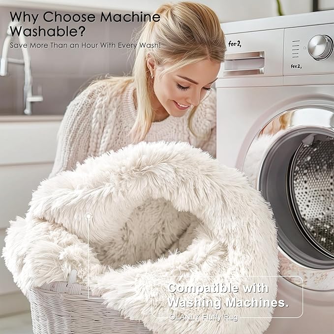 OLANLY Ivory Round Rugs for Bedroom - Machine Washable, 4 ft Circle Area Rugs for Living Room, Soft and Fluffy Shaggy Carpet for Teen Girls and Boys, Nursery Rooms, Dorms, Home Decor Aesthetic