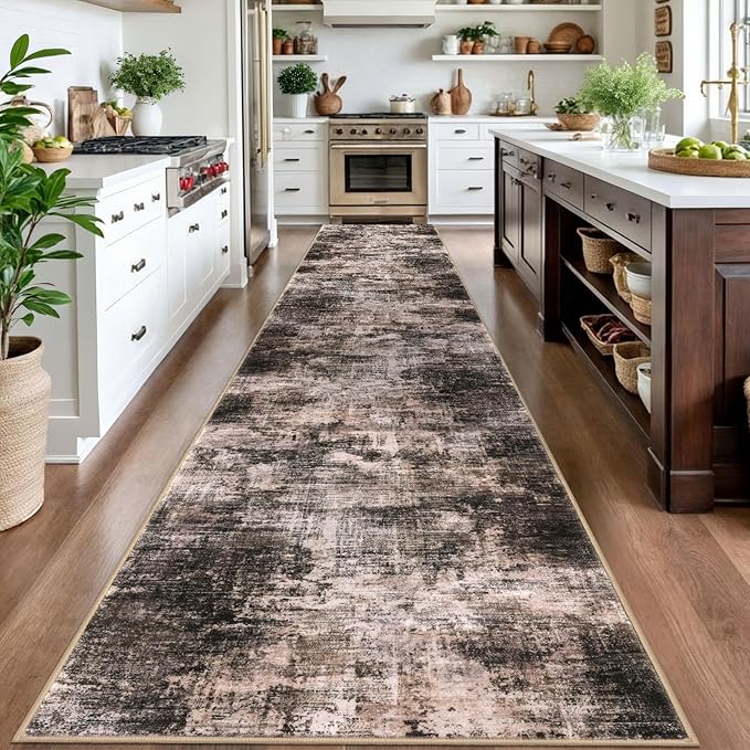 IOHOUZE Abstract Runner Rug 3x16 Ft Washable Runners for Hallways, Non Slip Kitchen Runner Printed Faux Wool Entryway Runner Indoor, Modern Abstract Floor Carpet for Hall Stair, Brown/Rust