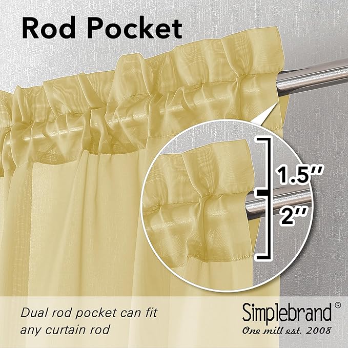 Simplebrand Yellow Valances 14 Inches Long for Living Room Pocket 2 Panel Light Filtering Sheer Translucent Valence Toppers for Short Window Kitchen Bathroom Bedroom 42x14 Inch Length