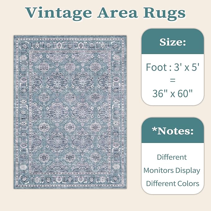 SERISSA 3x5 Boho Floral Area Rugs for Bedroom, Washable Kitchen Rugs Non-Slip, Ultra Soft Print Distressed Vintage Blue Grey Entry Rug Low-Pile Throw Rug Carpet for Bedroom Living Room Dorm Decor